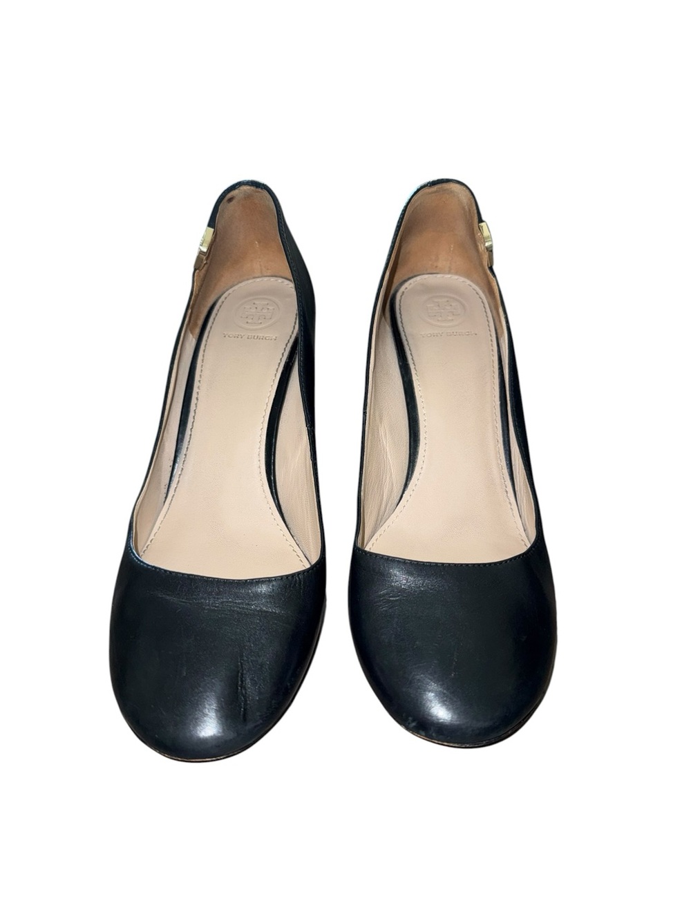Tory Burch Black Leather Elizabeth 4” Block heel Pumps Size 9.5 Gold Tone Hw - Picture 6 of 10